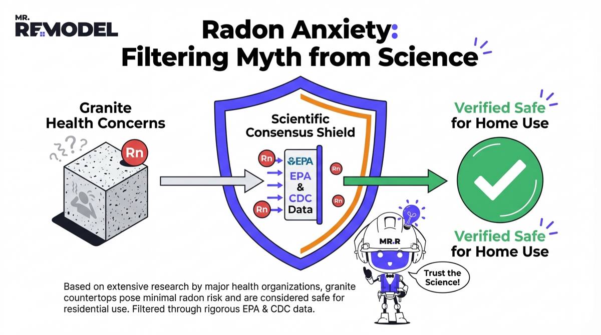 A conceptual infographic visually illustrating how scientific data from the EPA and CDC filters out anxiety over radon from granite counters, confirming they are safe for home use.